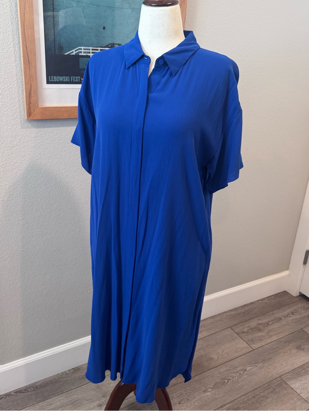 Eileen Fisher Silk Size Medium Royal Blue Button-Front Shirt Dress